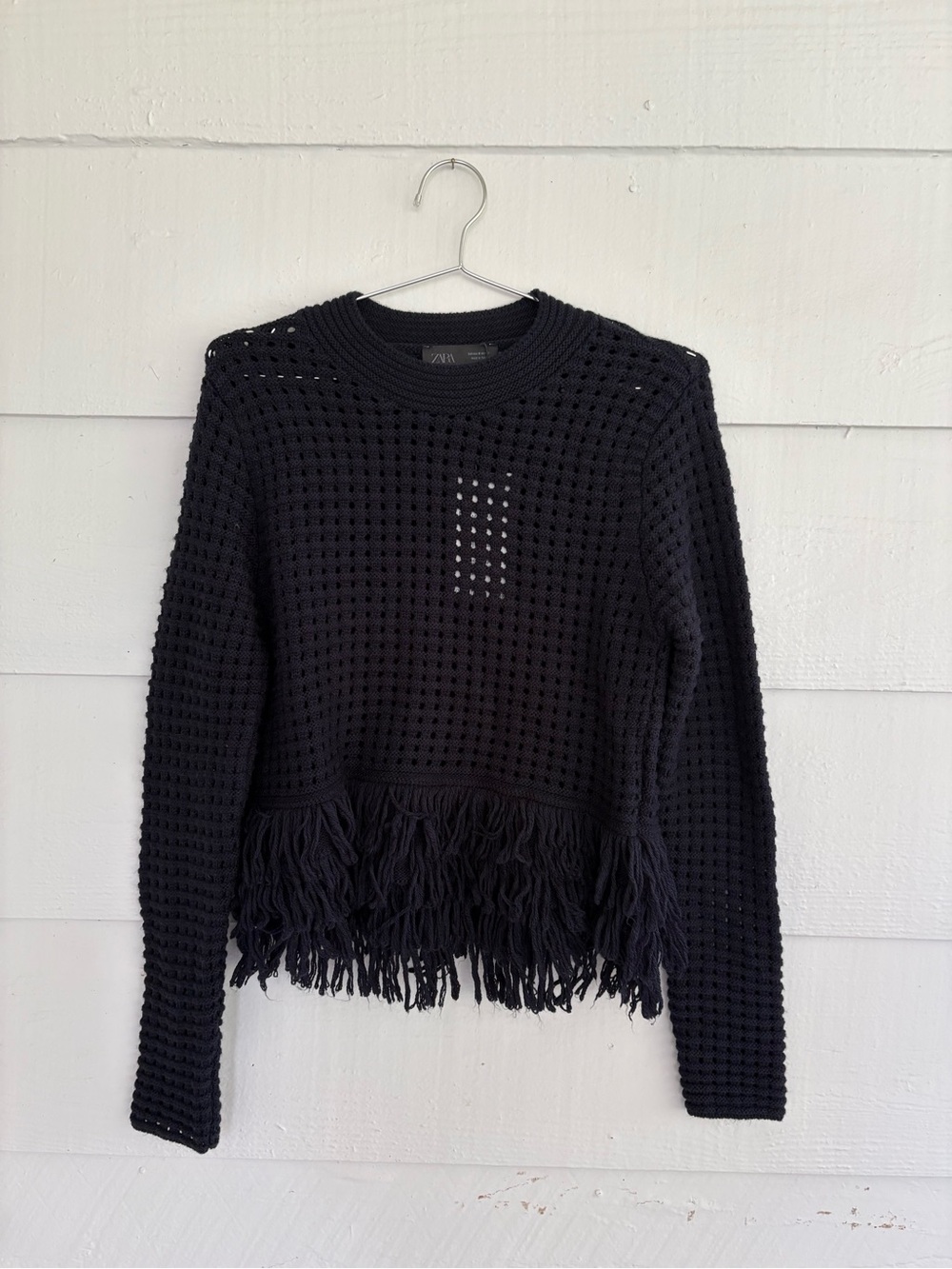 Zara Navy Open Knit Fringe Sweater NWT Size Medium Fisherman Scandinavian